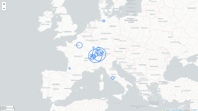 Carte au niveau européen des mentions de Franz Joseph Breitenbach dans la presse numérisée (projet Impresso)