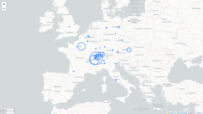 Carte au niveau européen des mentions de Árpád Gérecz dans la presse numérisée (projet Impresso)