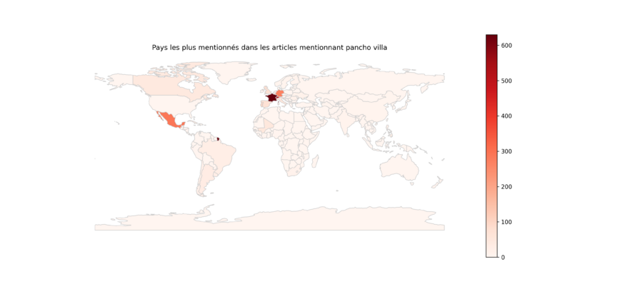 Pays les plus mentionnés dans les articles mentionnant Pancho Villa, dans des articles de la presse suisse (à analyser avec précaution car certains noms de villes/pays ont pu être mal catégorisé sur la carte par notre algorithme