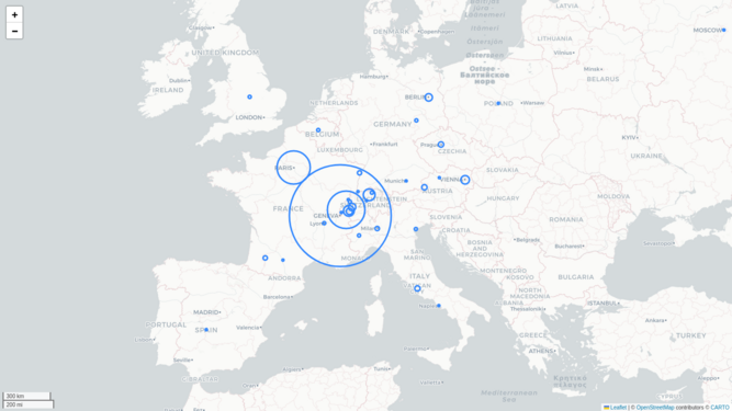 Carte au niveau européen des mentions de Pierre Colombo dans la presse numérisée (projet Impresso)