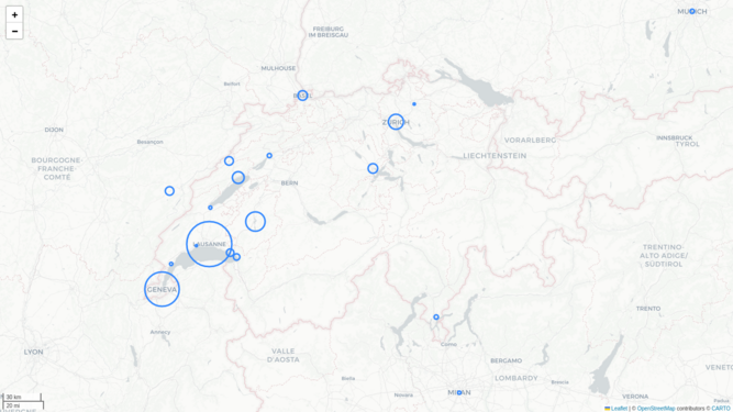 Carte au niveau suisse des mentions de Árpád Gérecz dans la presse numérisée (projet Impresso)