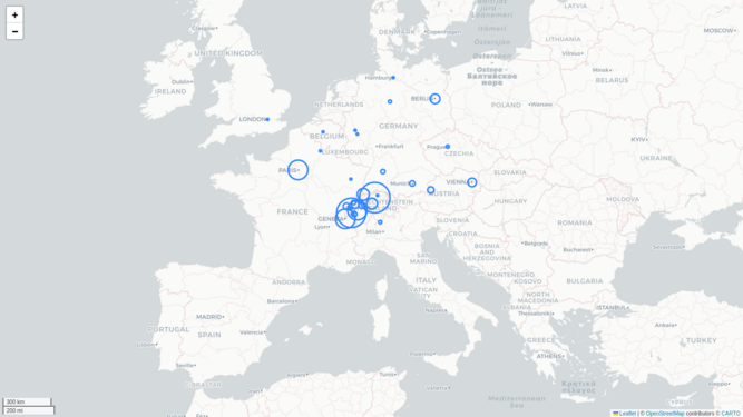 Carte au niveau européen des mentions de Karl Engel dans la presse numérisée (projet Impresso)