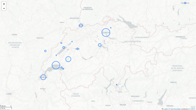 Carte au niveau suisse des mentions de Karl Engel dans la presse numérisée (projet Impresso)