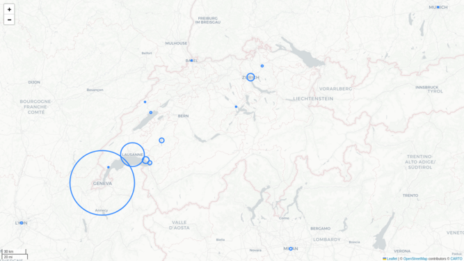 Carte au niveau suisse des mentions de Pierre Colombo dans la presse numérisée (projet Impresso