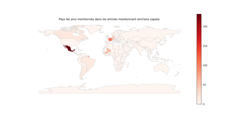 Pays les plus mentionnés dans les articles mentionnant Emiliano Zapata, dans des articles de la presse suisse (à analyser avec précaution car certains noms de villes/pays ont pu être mal catégorisé sur la carte par notre algorithme)