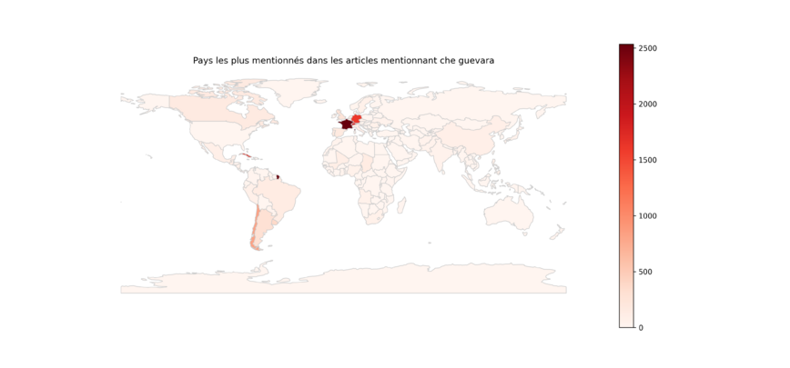 Pays les plus mentionnés dans les articles mentionnant Che Guevara, dans des articles de la presse suisse (à analyser avec précaution car certains noms de villes/pays ont pu être mal catégorisé sur la carte par notre algorithme