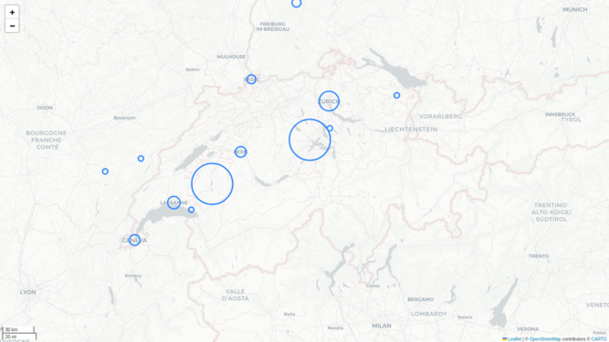 Carte au niveau suisse des mentions de Franz Joseph Breitenbach dans la presse numérisée (projet Impresso)