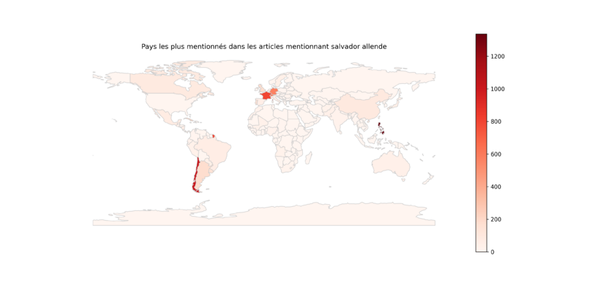 Pays les plus mentionnés dans les articles mentionnant Salvador Allende, dans des articles de la presse suisse (à analyser avec précaution car certains noms de villes/pays ont pu être mal catégorisé sur la carte par notre algorithme)