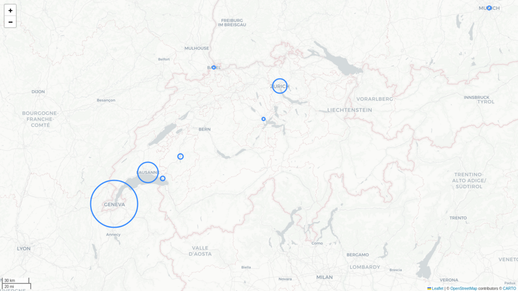 Carte au niveau suisse des mentions de Jean Dupérier dans la presse numérisée (projet Impresso)